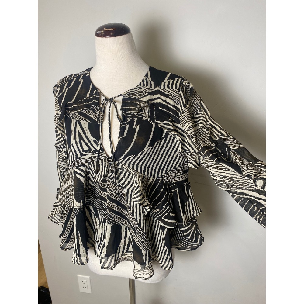 Rachel Zoe Black White Zebra Print Ruffle Silk Blend Blouse Top XS NWT